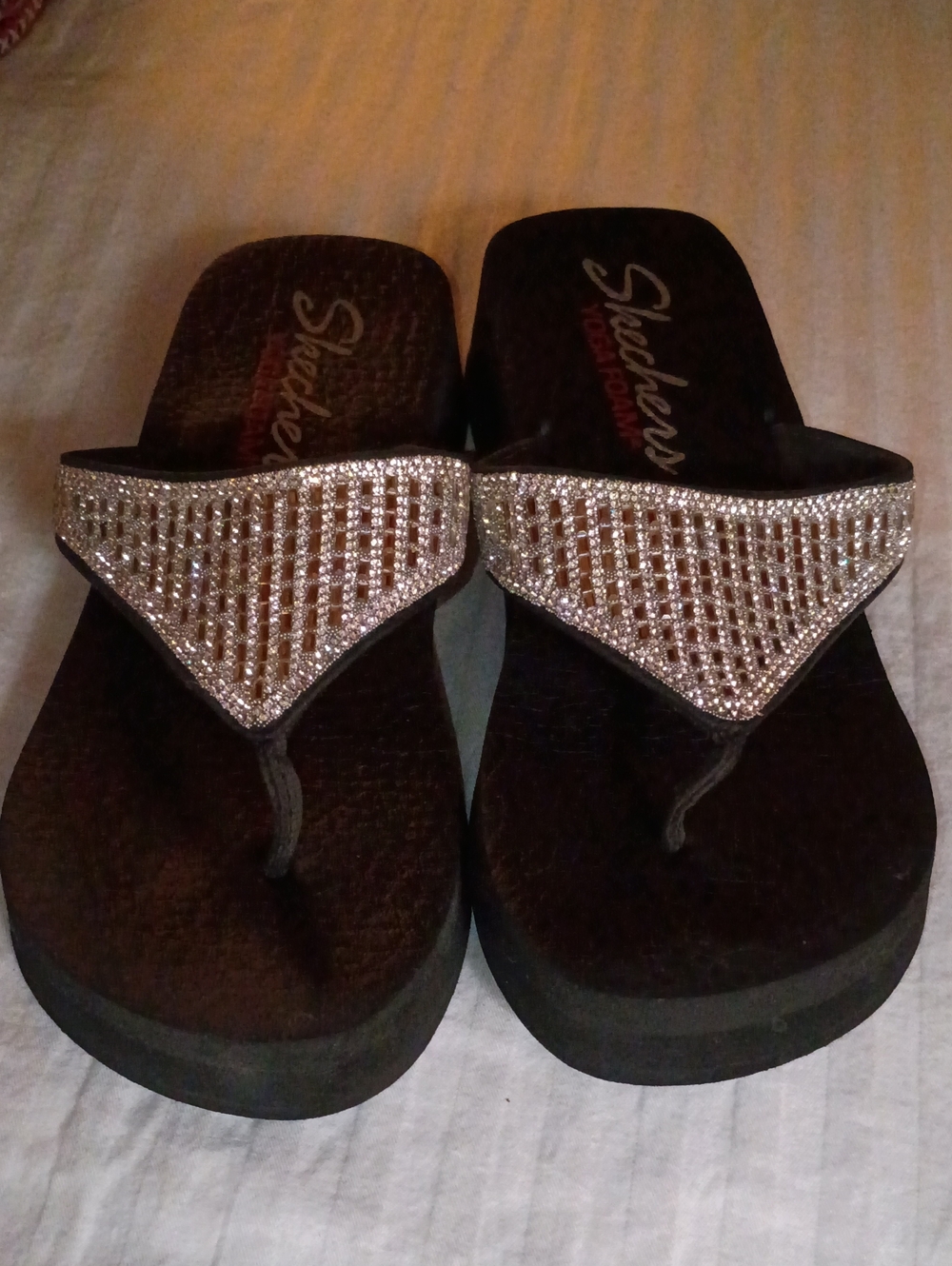 Skechers Black Sandals with Silver Crystal Accent Bling Evening Wedding Party